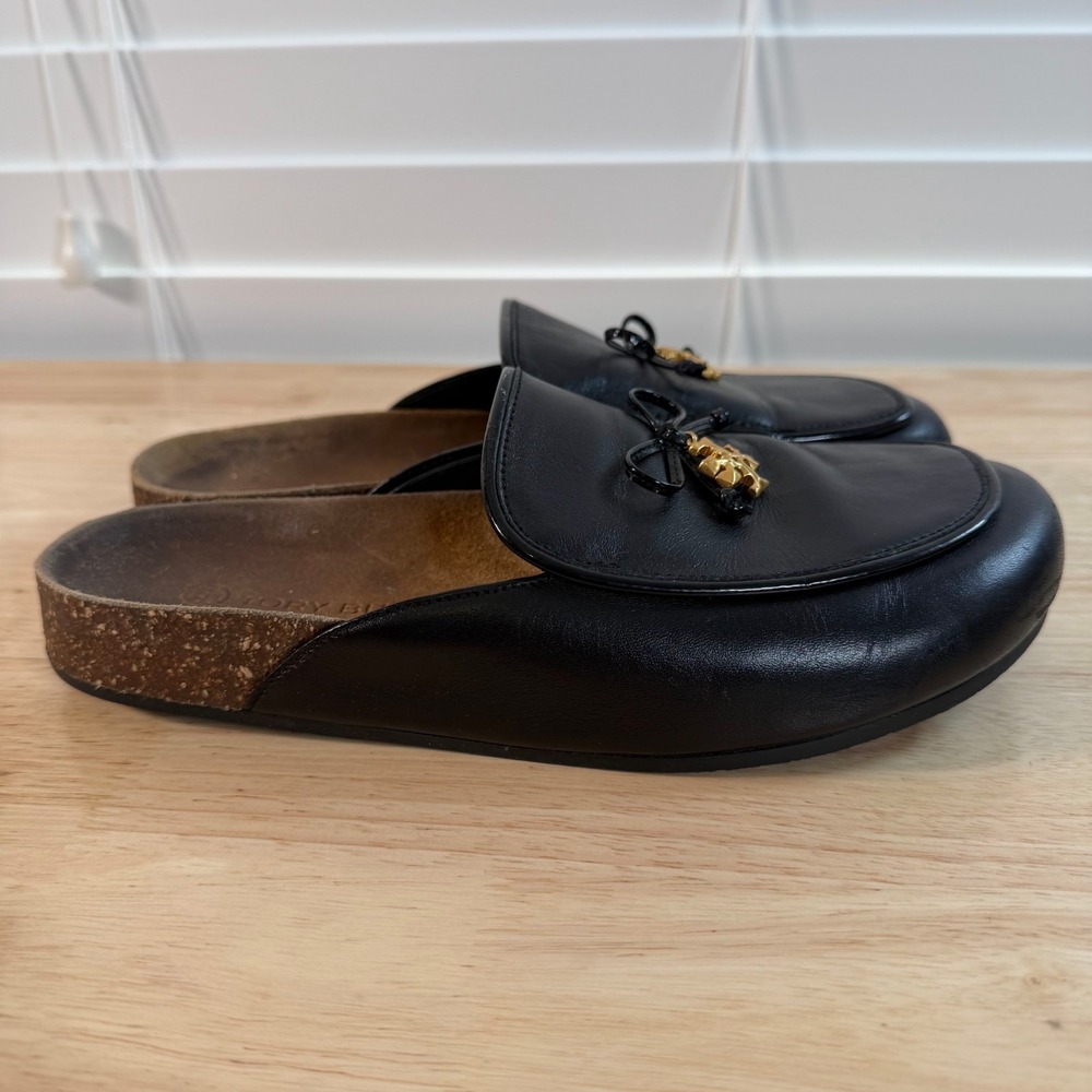 Tory Burch Charm Mules Women's Black Leather Slip-On Round Toe Comfort - 9 - Picture 4 of 12